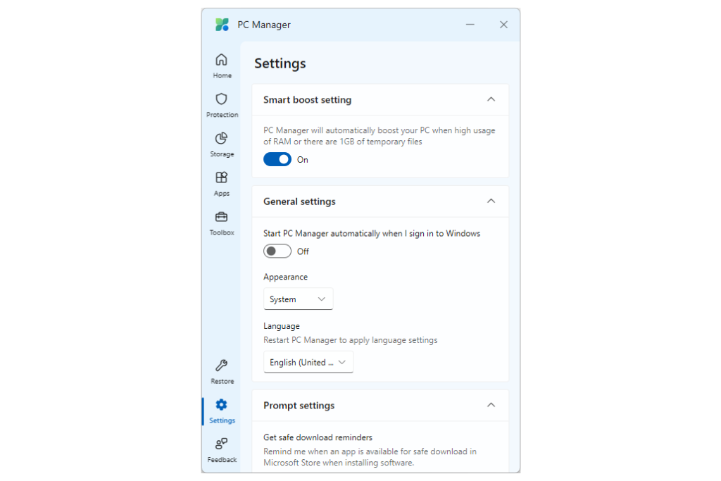 Microsoft PC Manager Smart Boost settings