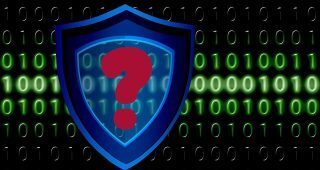 Shield symbol with a red question mark against green and black code